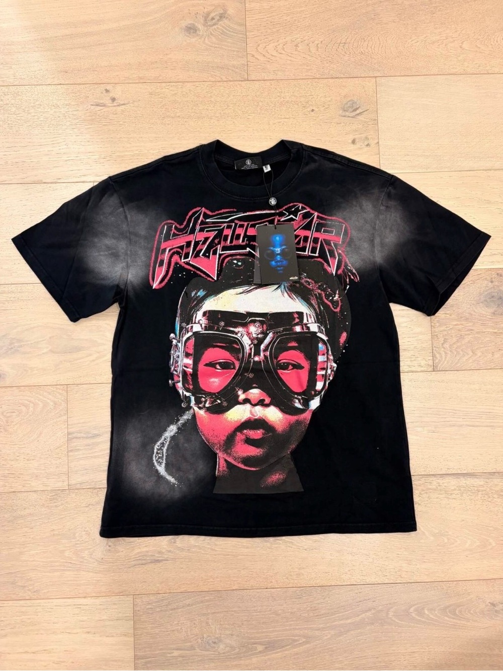 Black Graphic Hellstar Tee with Pink Face Goggles